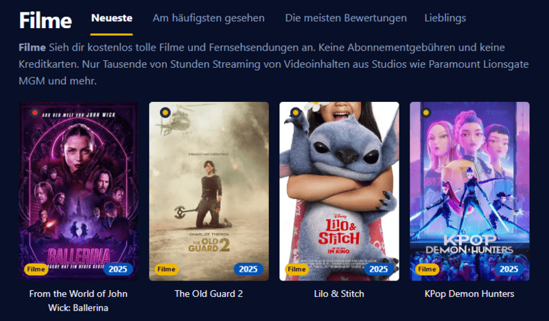 Screenshot der Kinokiste-Benutzeroberfläche im Retro-Stil mit grünem Text auf dunklem Hintergrund